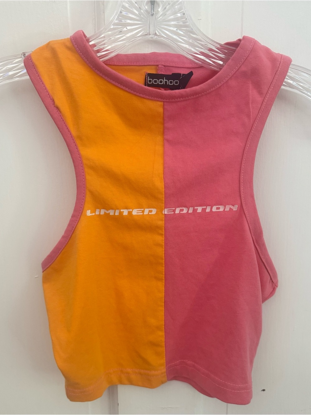 Boohoo Pink & Orange Color Block  'Limited Edition' wording Crop Tank Top,Size 4